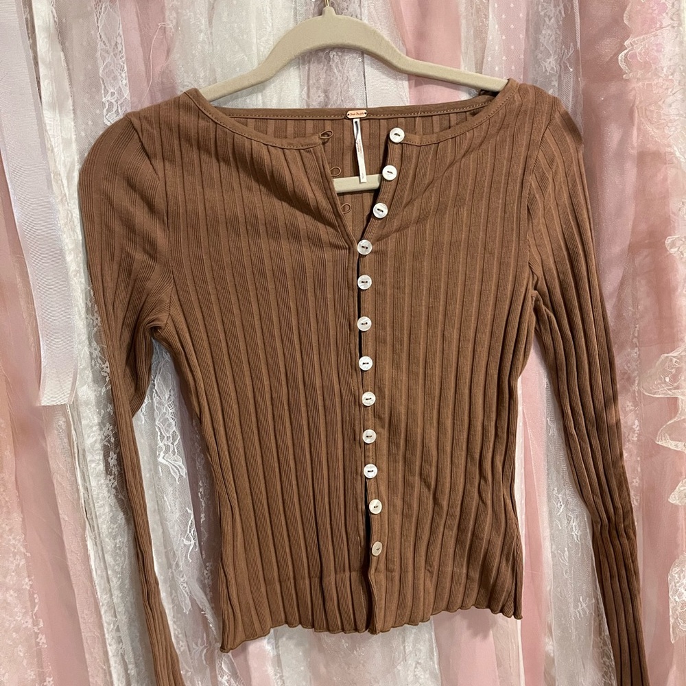Free People Brown Ribbed Button-Up Women's Top